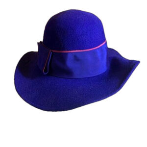 Shumi womens vintage royal blue felted brimmed hat with blue and pink ribbon